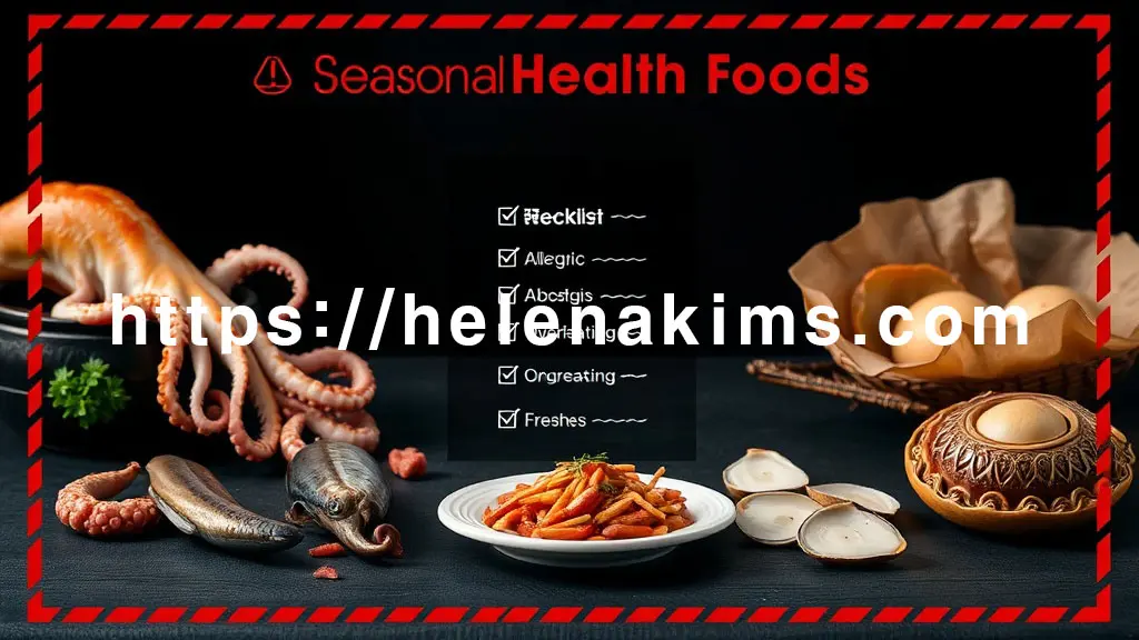 테이블 위 환절기 보양식 낙지 등 재료들이 놓여 있고, 중앙에는 체크리스트와 함께 알레르기 반응을 시사하는 아이콘이 있는 이미지.