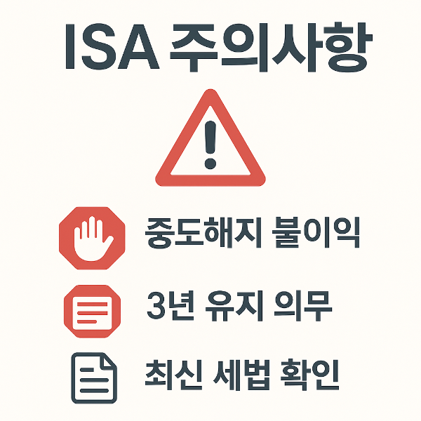 ISA 계좌 이용 시 반드시 지켜야 할 주의사항을 정리한 안내 이미지로, 중도해지 시 불이익, 최소 3년 유지 의무, 최신 세법 확인 필요성 등을 강조합니다.