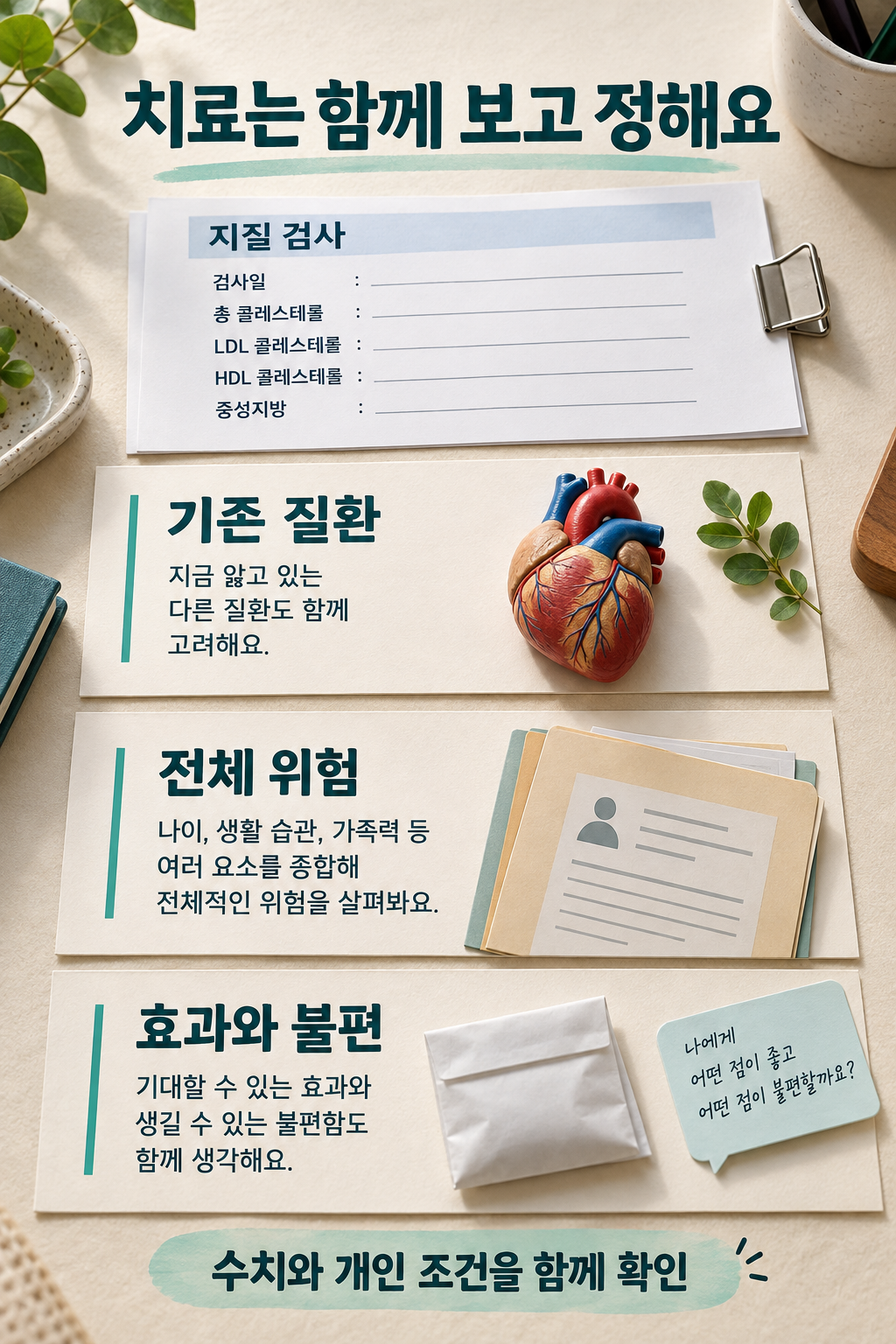 검사 결과와 개인 병력&middot;복용 상태가 함께 치료 판단으로 모이는 구성