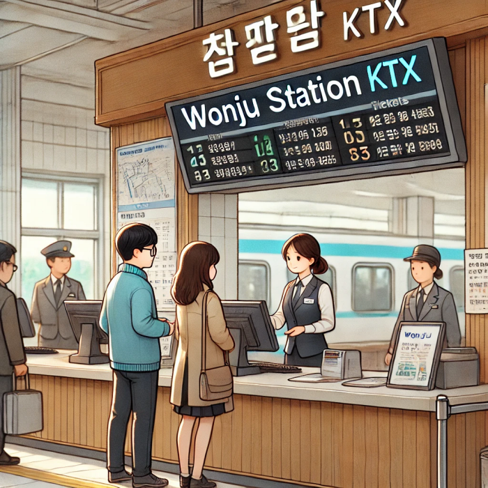 원주역 매표소에서 KTX 승차권을 구매하는 승객과 전광판에 표시된 시간표