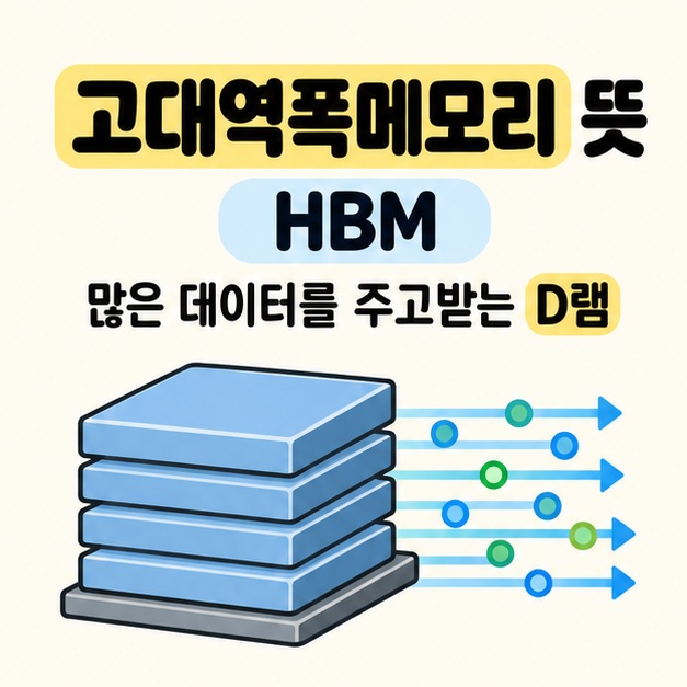 고대역폭메모리 뜻과 HBM 문구 아래 적층 메모리에서 여러 평행 통로를 따라 데이터 점이 이동하는 대표 이미지