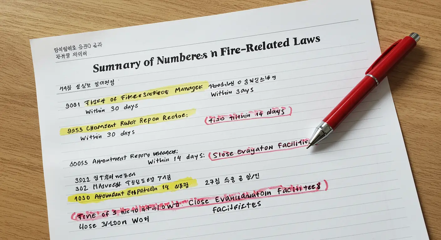 소방안전관리자 2급 필기시험 법규 과목의 숫자(기간, 벌금 등)를 손글씨로 정리한 요약 노트