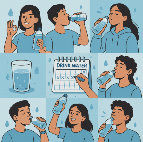 다양한 사람들이 물을 마시고 있는 이미지와 캘린더 이미지