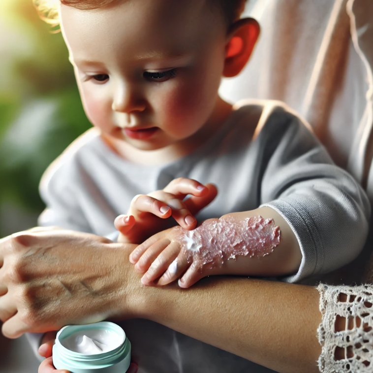 아토피 피부염으로 인해 연고를 바르고 있는 아기 사진