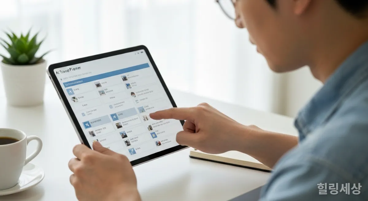 태블릿으로 AI가 생성한 여행 일정을 꼼꼼히 검토하는 한국 남성의 손