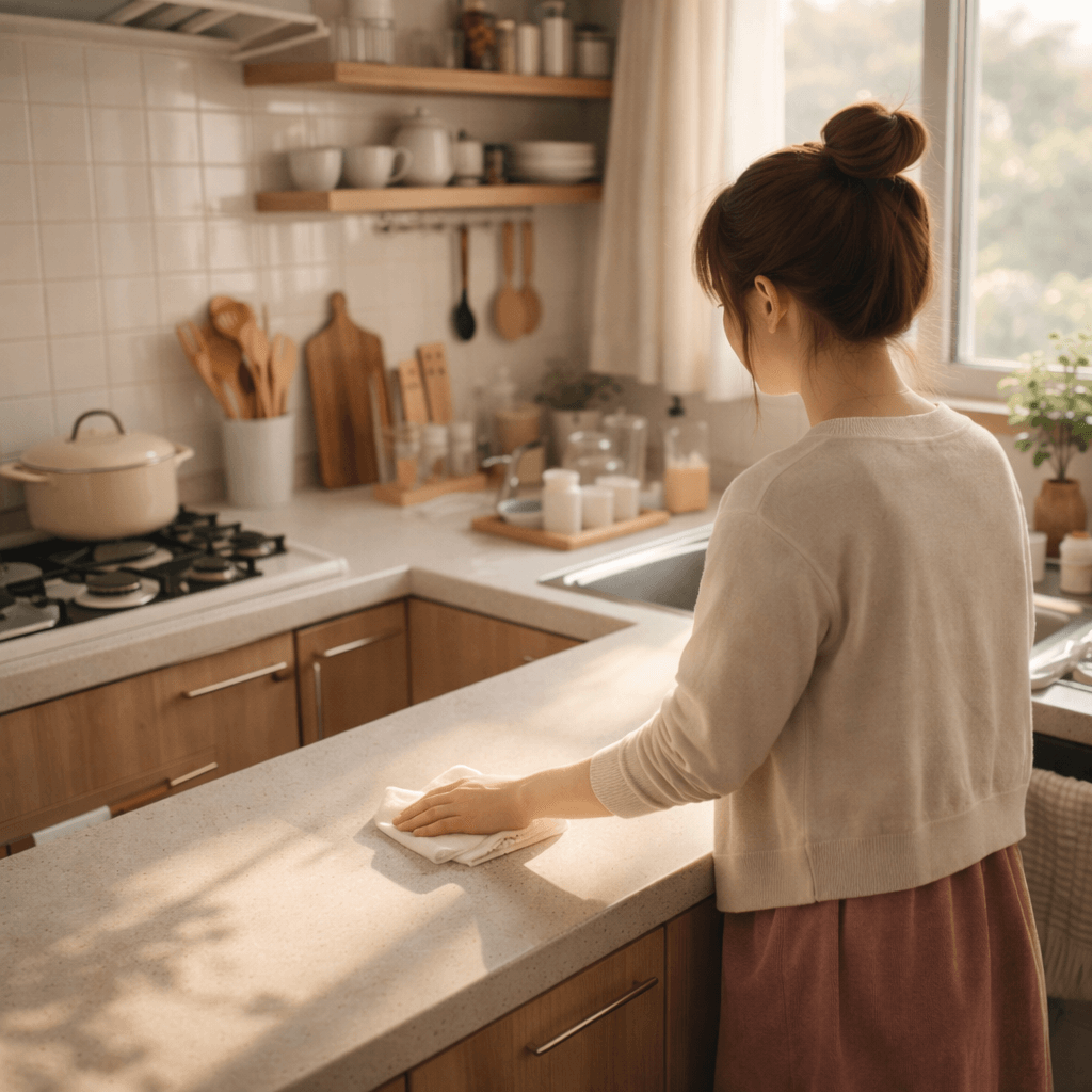 정돈된 주방 공간과 따뜻한 햇살이 들어오는 부엌