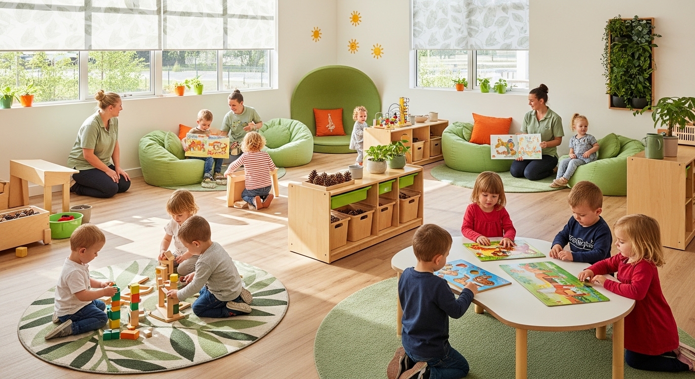 아이들이 즐겁게 놀고 배우는 현대적인 보육시설. 강화된 돌봄 시스템으로 아이와 부모가 안심할 수 있는 사회를 나타낸다.