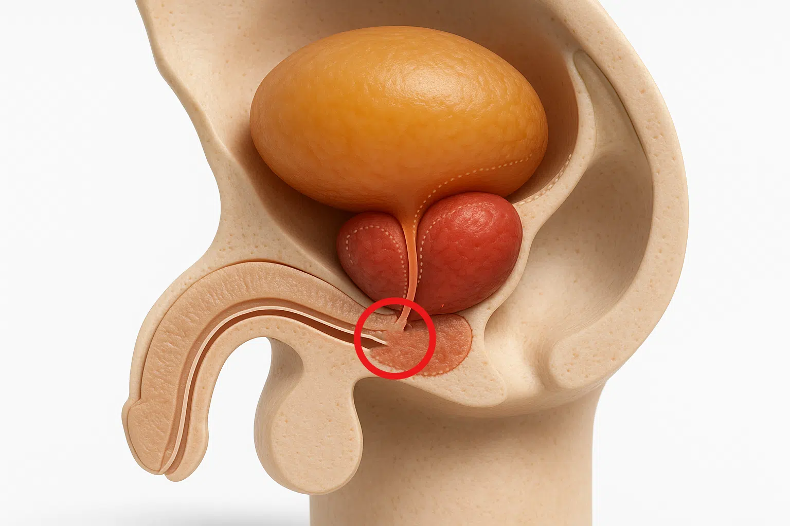 전립선과 방광, 요도의 해부학적 위치를 보여주는 3D 의학 일러스트, 전립선 비대증으로 요도를 압박하는 모습