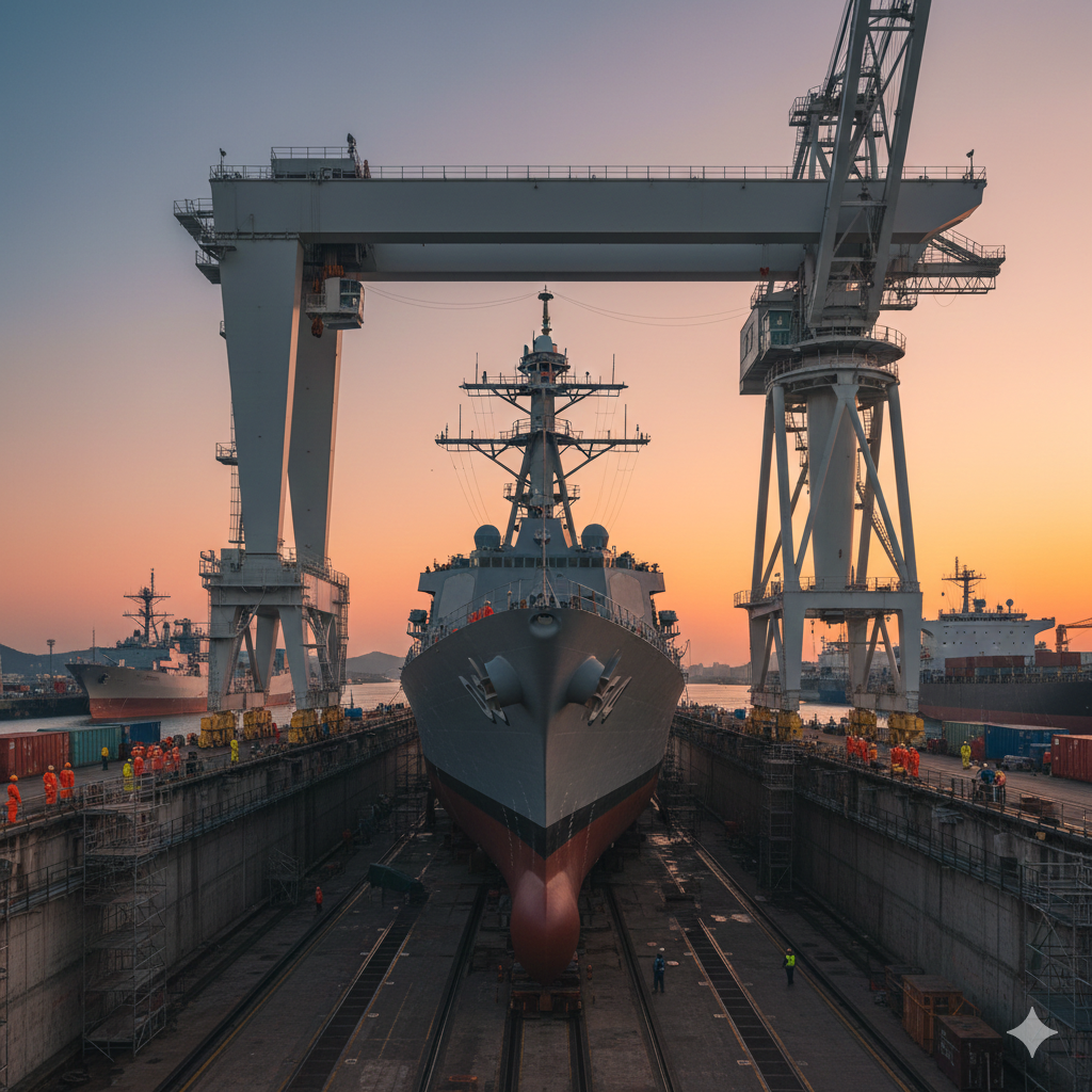 군함이 조선소 도크에서 정비 받는 AI 생성 이미지