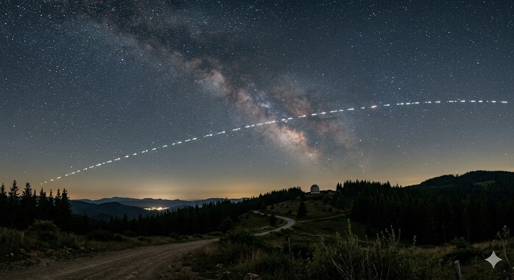밤하늘에 일렬로 늘어서 지나가는 스타링크 위성 궤적(Starlink Train) 사진