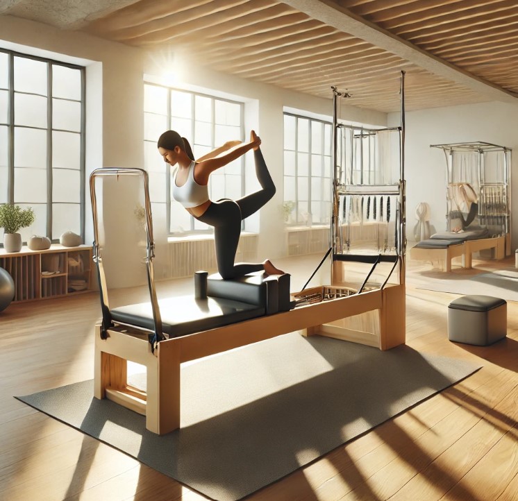 기구를 이용해 필라테스 하는 사진