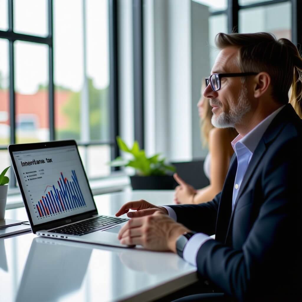 재정 상담: 재정 상담사가 고객과 대화하는 장면. 상담사 앞에는 상속세 관련 그래프와 차트가 있는 화면이 보인다.