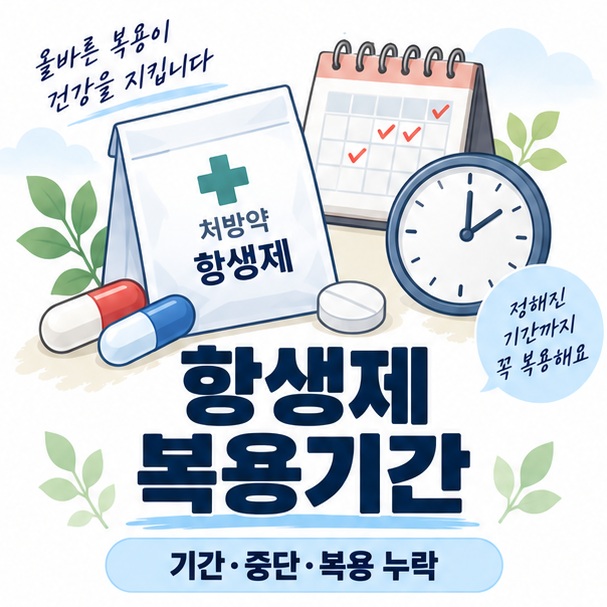 항생제 복용기간을 상징하는 처방약과 달력 인포그래픽