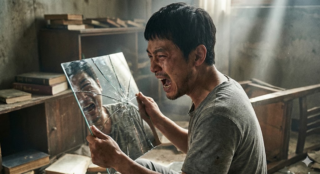 The protagonist's scream as he faces the truth while staring at his own distorted reflection in the mirror.