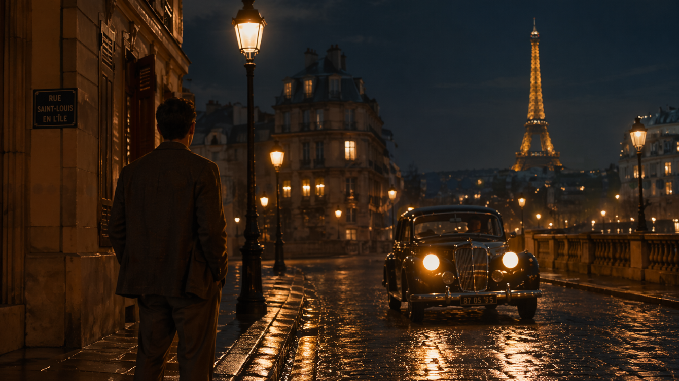 젖은 파리의 밤거리에서 한 남자가 서 있고 오래된 차 한 대가 가로등 아래 다가오는 장면