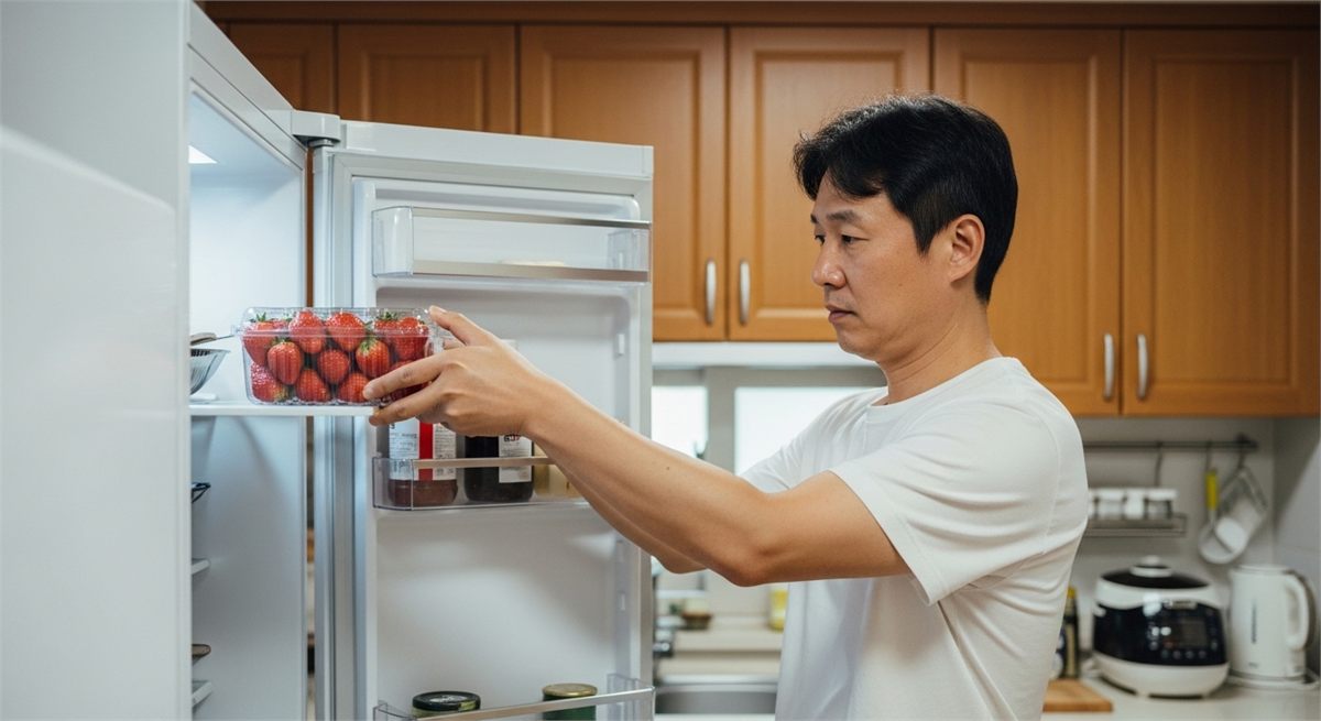 냉장고 선반에 딸기 용기를 조심스럽게 넣는 모습