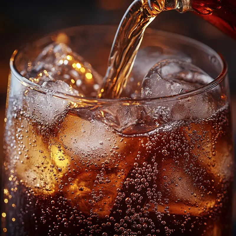 2025년 인기 콜라 맛 비교를 위해 투명 유리잔에 콜라를 얼음 위에 따르며 기포와 시원한 물방울이 돋보인다. 콜라 맛, 비교, 시음, 청량감, 탄산음료 특징을 감각적으로 전달한다.