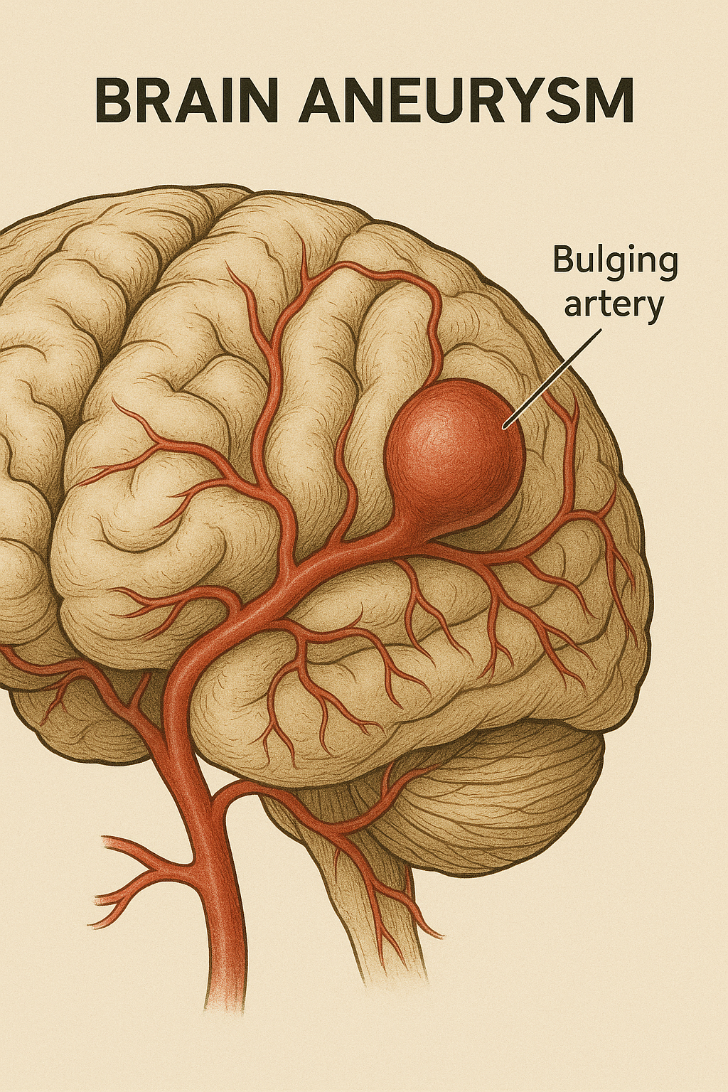 뇌동맥류의 위치와 모양을 보여주는 해부학적 일러스트