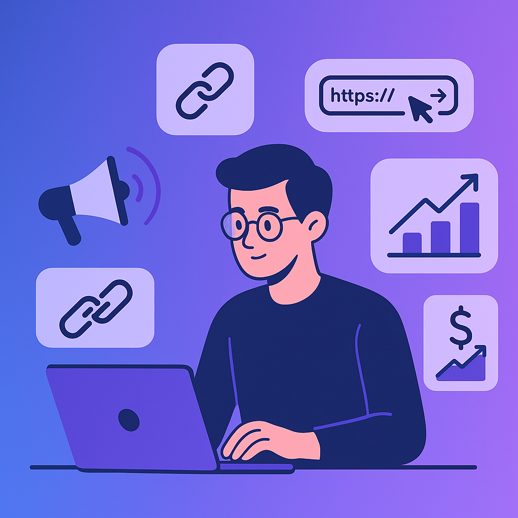 개발자가 노트북으로 마케팅 파트너스 부업을 하는 모습을 표현한 일러스트