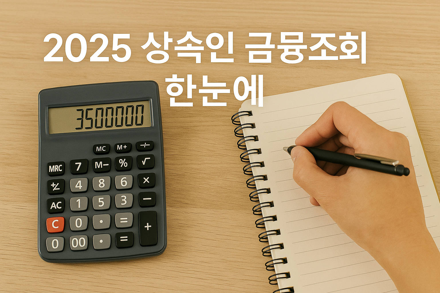 계산기와 수첩 위에 상속인 금융조회 관련 내용을 적는 손 &ndash; 금융자산 정리와 상속세 계산을 상징하는 실사 이미지