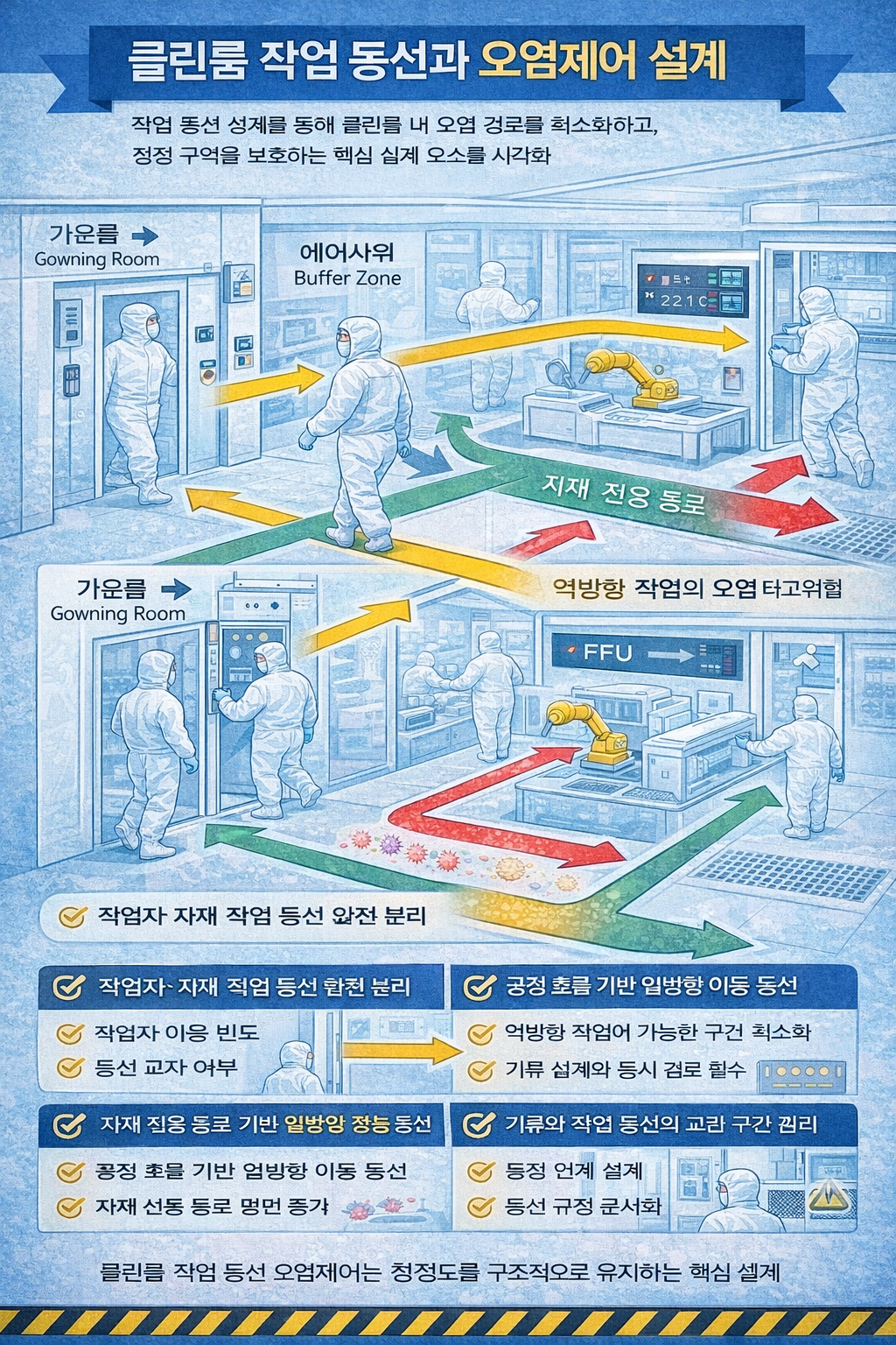 클린룸 작업 동선 설계가 오염제어에 미치는 영향을 고려하여 이동 동선을 잘 짜야 한다