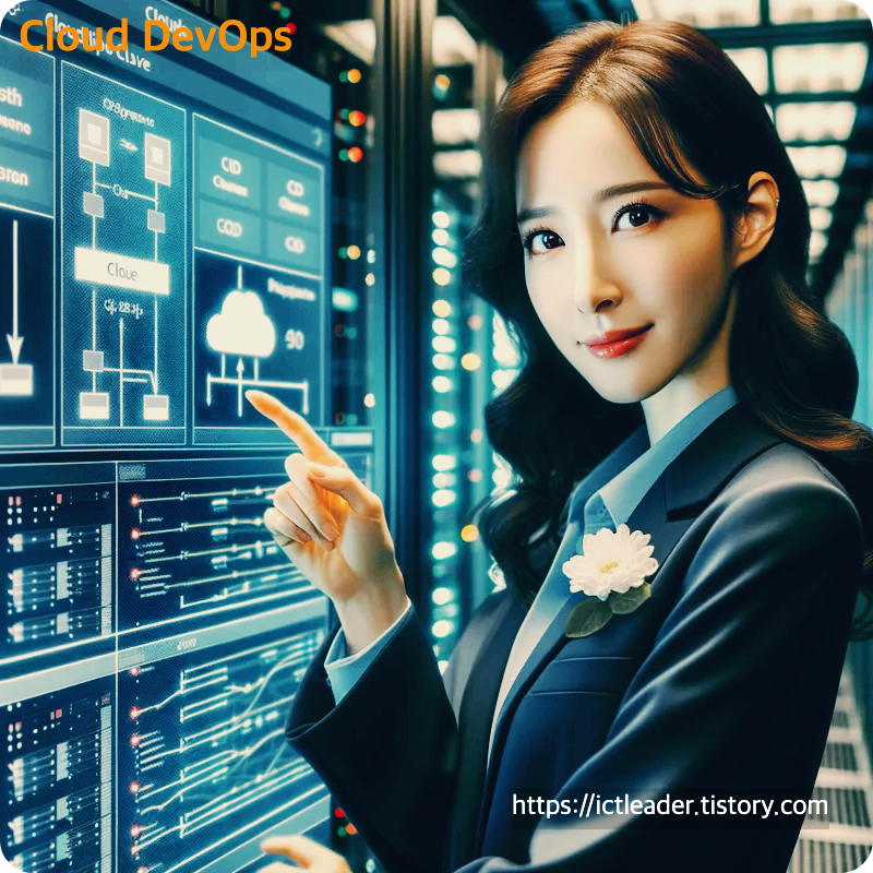 클라우드 인프라 제어실에서 CI/CD 파이프라인을 설명 중인 한국인 DevOps 여성 엔지니어