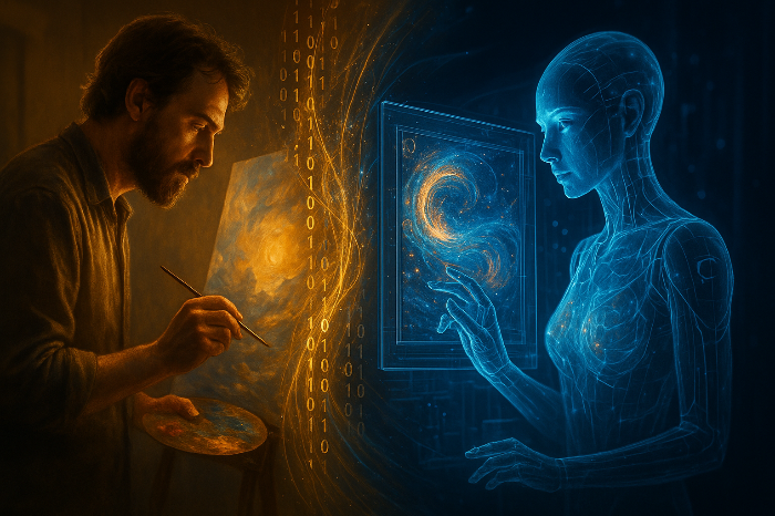 전통적인 캔버스에 작업하는 인간 화가와 투명한 디지털 화면에서 예술 작품을 생성하는 AI 홀로그램을 분할한 시네마틱 이미지