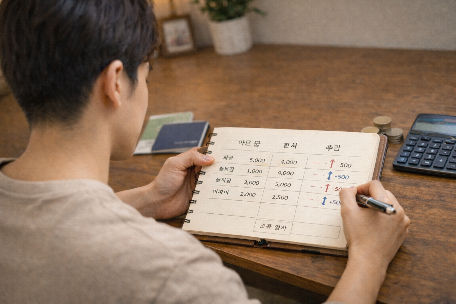 계산기와 통장을 나란히 두고 월간 재정 흐름을 확인하는 책상의 젊은 남성의 뒷모습