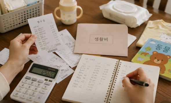 자녀장려금 지급을 기다리며 생활비와 가계부를 정리하는 모습