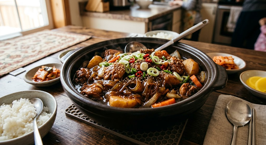 원목 식탁 위에 김이 모락모락 나는 찜닭이 큰 뚝배기 냄비에 가득 담겨 있는 모습. 찜닭에는 당면, 큼직하게 썬 감자, 당근, 썬 대파와 고추, 깨가 올려져 있으며, 주변에는 흰쌀밥, 배추김치, 단무지, 숟가락과 젓가락이 정갈하게 차려져 있다.