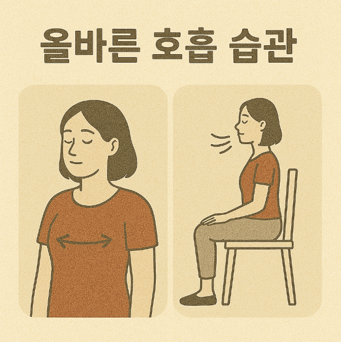 가슴으로 숨을 쉬고, 입으로 숨을 쉬는 이미지