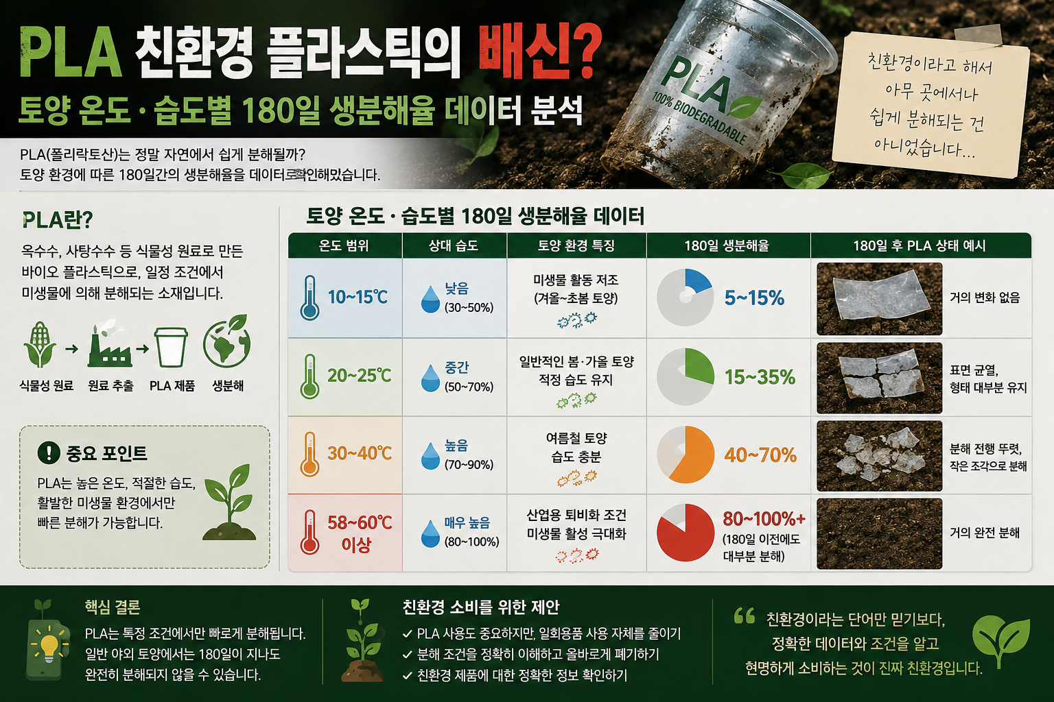 2026 PLA 친환경 플라스틱 PLA 생분해 실험 생분해 플라스틱 분해기간 토양 온도 습도 생분해율 친환경 플라스틱 진실 완벽 정리