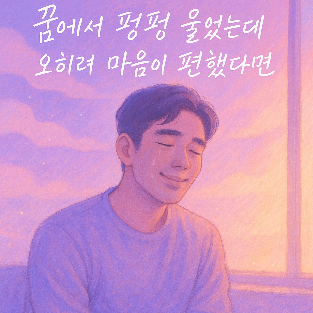창가에 앉아 눈가에 눈물이 맺혀 있지만 평온한 미소를 짓는 젊은 한국 남성, 라벤더·핑크빛 새벽빛이 퍼진 몽환적인 파스텔톤 실내, 상단에 필기체로 ‘꿈에서 펑펑 울었는데 오히려 마음이 편했다면’ 문구가 적힌 장면