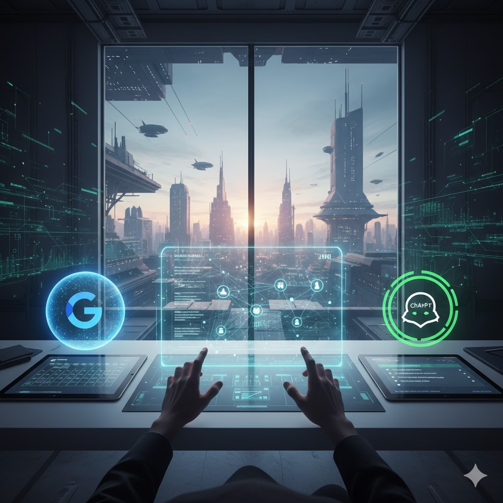 미래 도시를 배경으로 한 사무실에서 한 사람이 투명한 홀로그램 인터페이스를 조작하는 모습. 인터페이스에는 구글 로고와 챗지피티(ChatGPT) 로고가 각각 양쪽에 떠 있고, 중앙에는 복잡한 데이터 시각화 및 연결 네트워크가 표시되어 있습니다. 미래적인 빌딩과 날아다니는 차량들이 창밖으로 보이며, 전체적으로 첨단 기술과 인공지능이 일상에 통합된 분위기를 연출합니다.