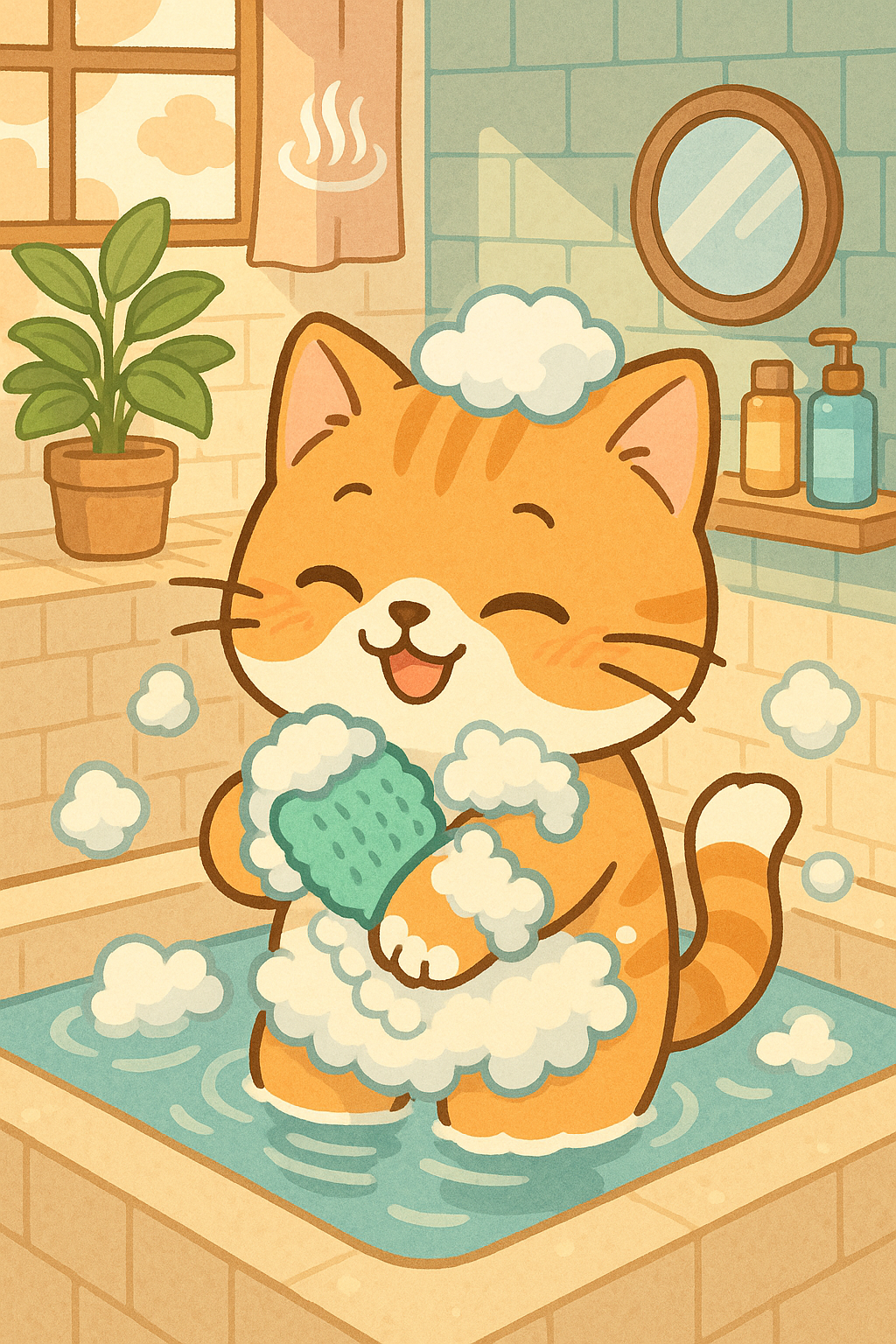 고양이가 목욕탕에서 거품이 묻은 때밀이 장갑으로 몸을 문지르는 애니 스타일 삽화, 피부 관리와 각질 제거를 표현