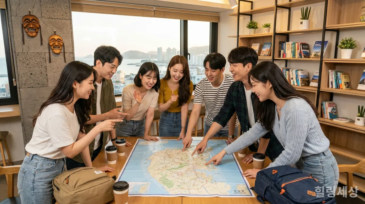 부산의 한 호스텔 공용 공간에서 젊은이들이 함께 지도를 보며 여행 계획을 세우는 모습