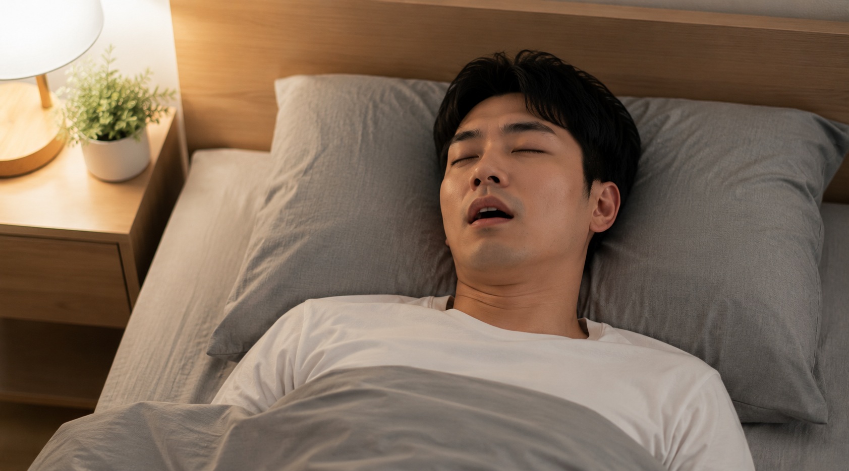 입을 약간 벌린 채 잠들어 있는 남성의 수면 모습