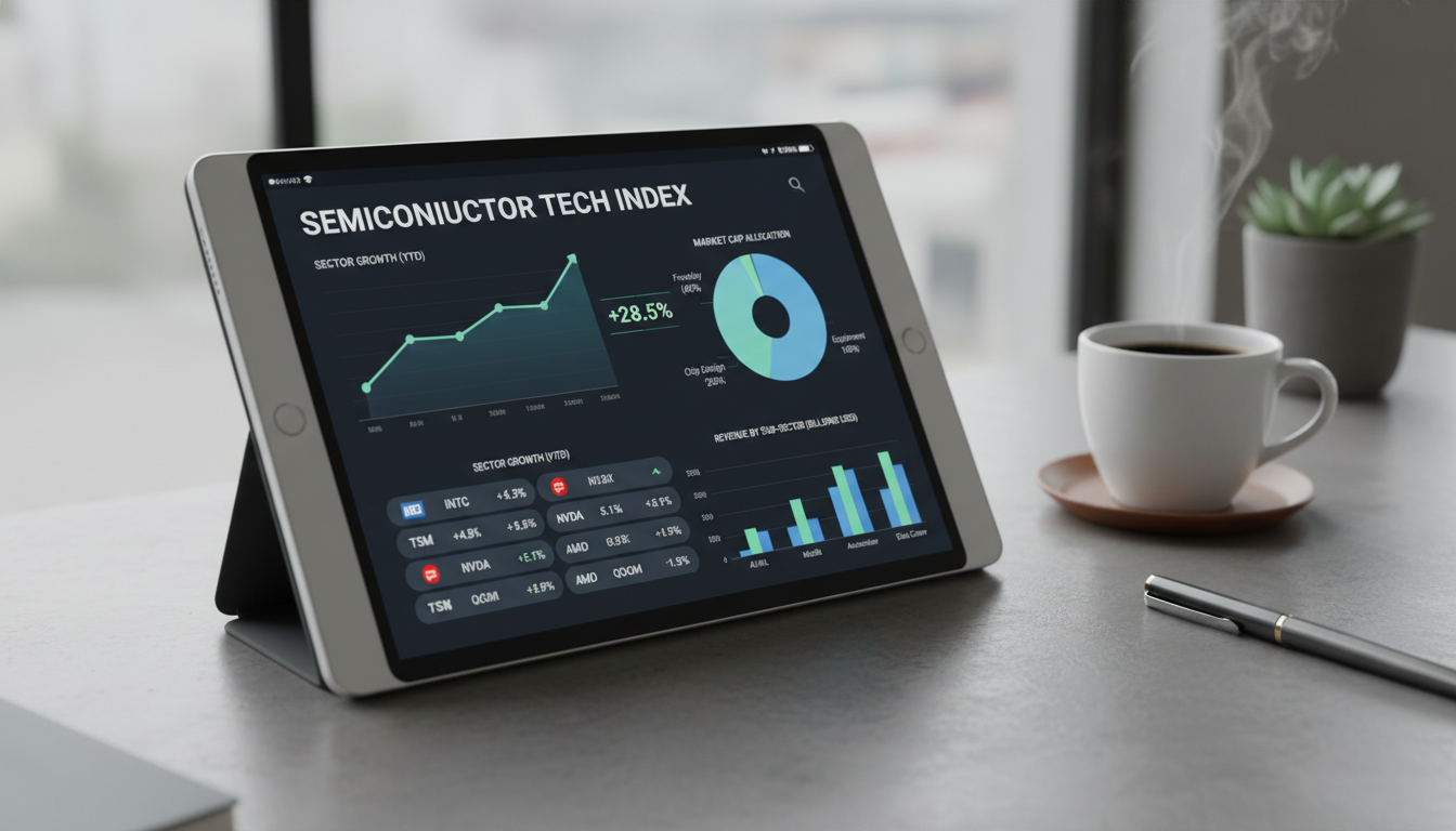 반도체 섹터의 성장 차트가 표시된 세련된 태블릿 대시보드