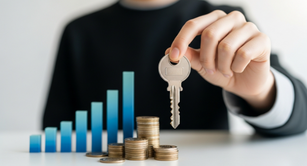 젊은 한국인이 큰 집 열쇠를 자신감 있게 들고 있는 모습. 배경에는 상승하는 그래프와 동전이 흐릿하게 보여 재정적 안정과 성취를 상징합니다.