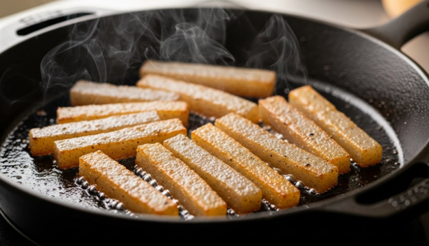 마른 팬 위에서 곤약을 볶아 수분을 날리며 뽀득뽀득한 소리가 날 것 같은 모습