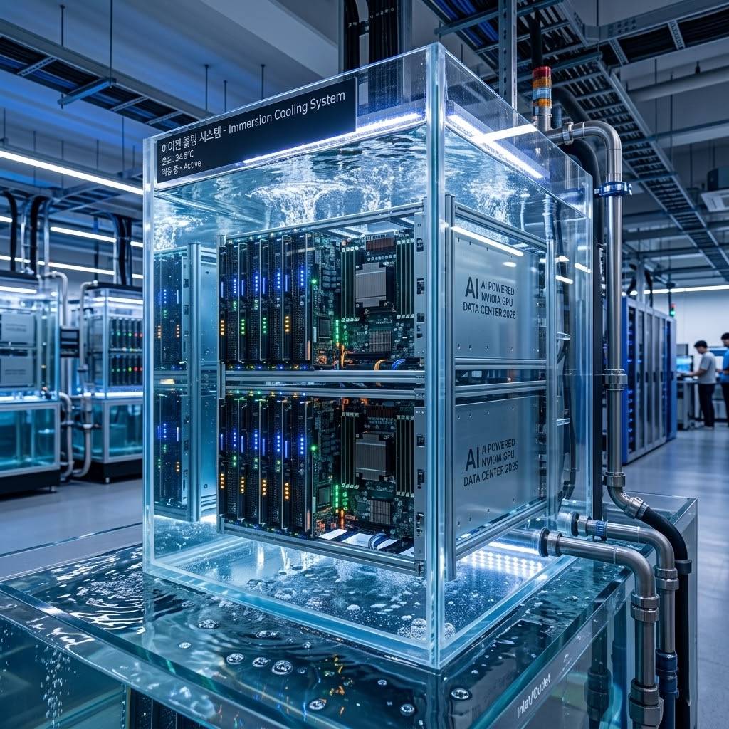 투명한 특수 액체가 담긴 수조 속에 컴퓨터 서버가 잠겨 있는 미래형 데이터 센터 냉각 시스템