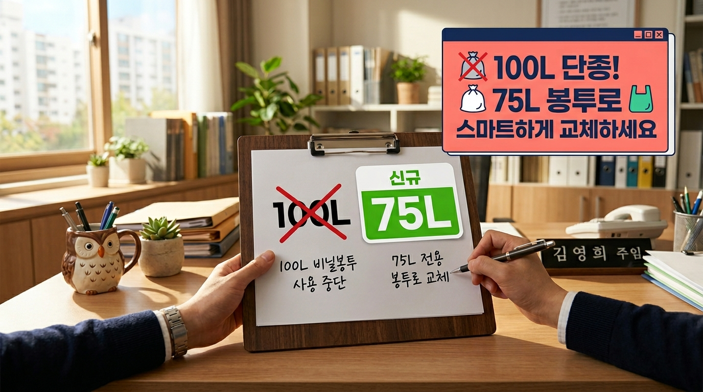 근로자 보호를 위한 100리터 쓰레기봉투 단종 및 75리터 대체 현황 비교표