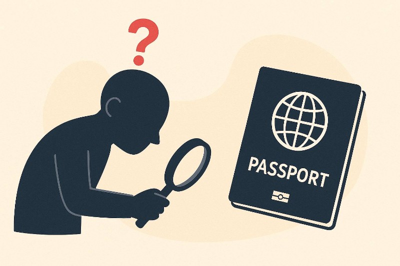 여권번호를 찾지 못해 혼란스러워하는 사람이 여권을 확대경으로 살펴보는 장면을 묘사한 일러스트. 정부24를 통한 여권번호 조회 상황을 상징적으로 표현함.