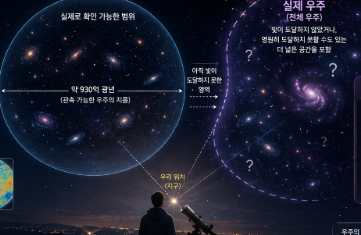 관측 가능한 우주와 실제 우주의 차이를 설명하는 이미지