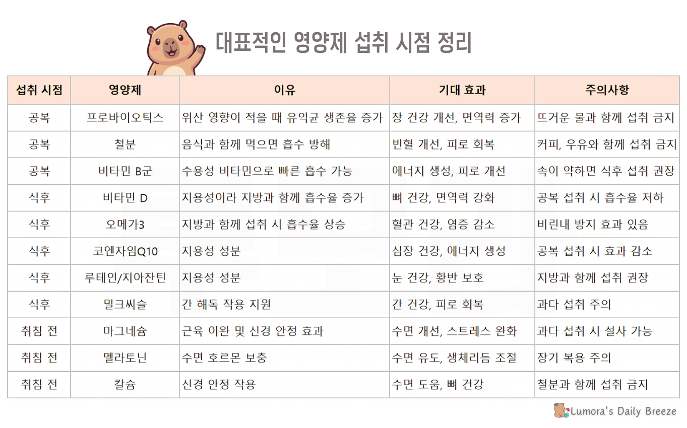 영양제 섭취하는 시점 11가지. 섭취시점과 이유, 효과, 주의사항을 표로 정리한 이미지 입니다.