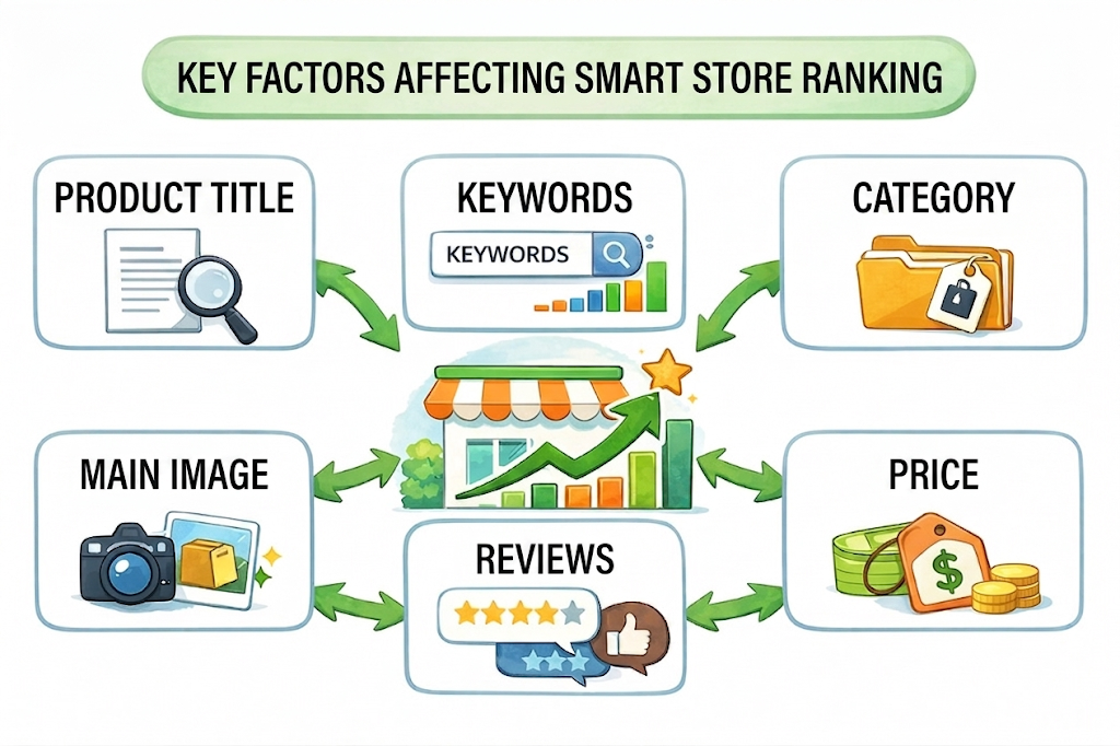 A checklist for the core factors behind Smart Store ranking: product title, keywords, category, and main image