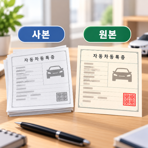 자동차등록증 재발급 시 사본과 원본의 차이를 비교해 보여주는 이미지