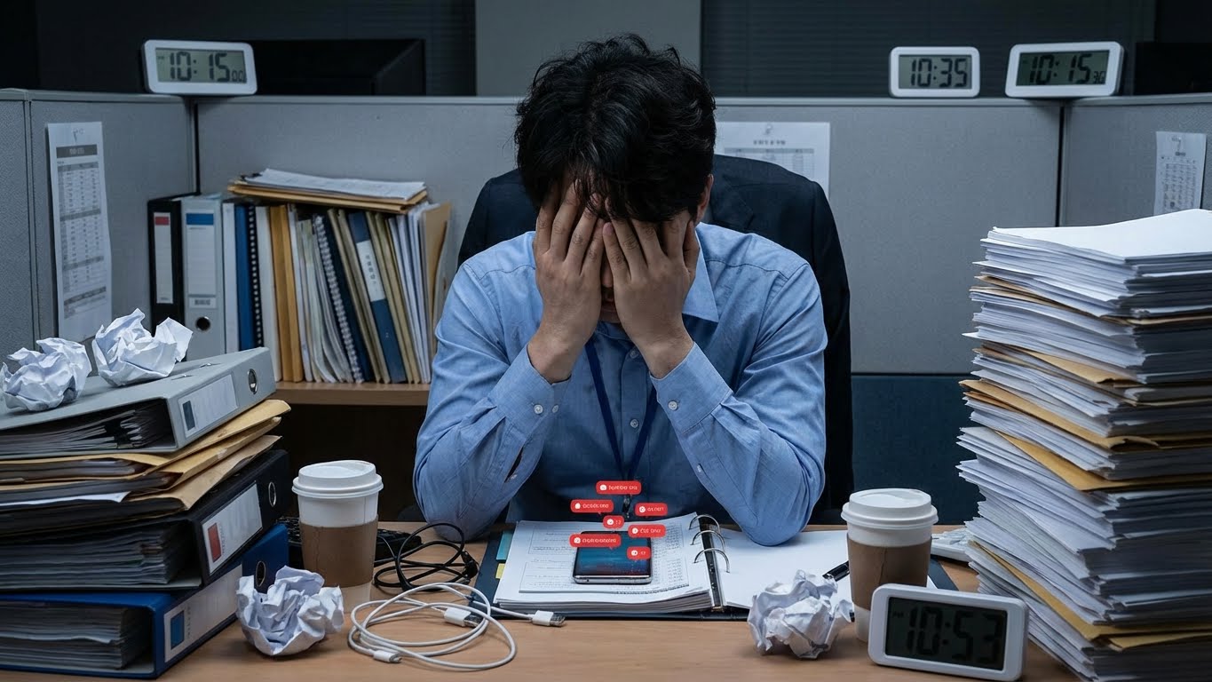 직장인이 사무실 책상에 앉아 산더미처럼 쌓인 서류를 보며 머리를 쥐어뜯는 괴로운 모습