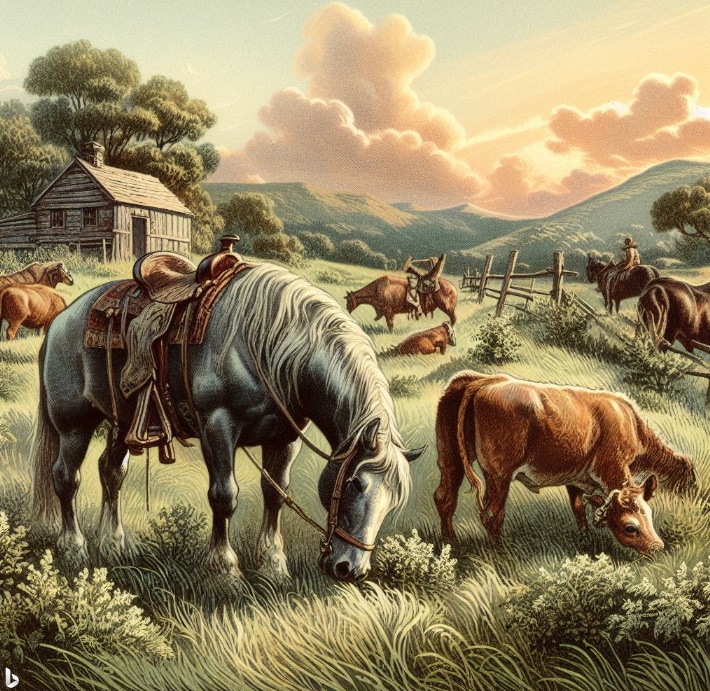 목초지에 풀어 놓여져 풀을 뜯는 늙은 말과 늙은 소의 모습(made by Bing)