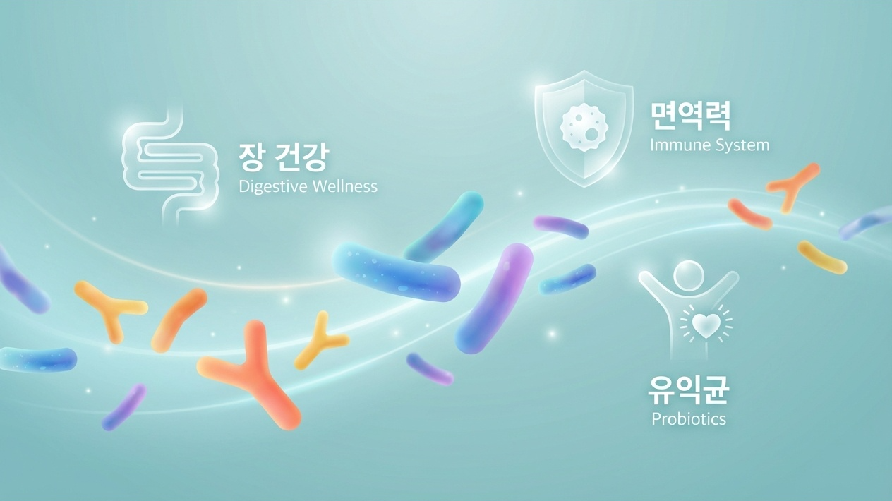 유익균이 떠다니는 장 건강·면역력 프로바이오틱스 컨셉 이미지, 파스텔 톤 헬스케어 배너